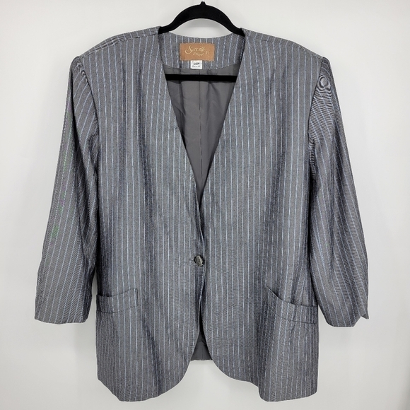 Saville Womens Blazer/Jacket Gray With Blue Stripes Size 24W - Picture 2 of 8